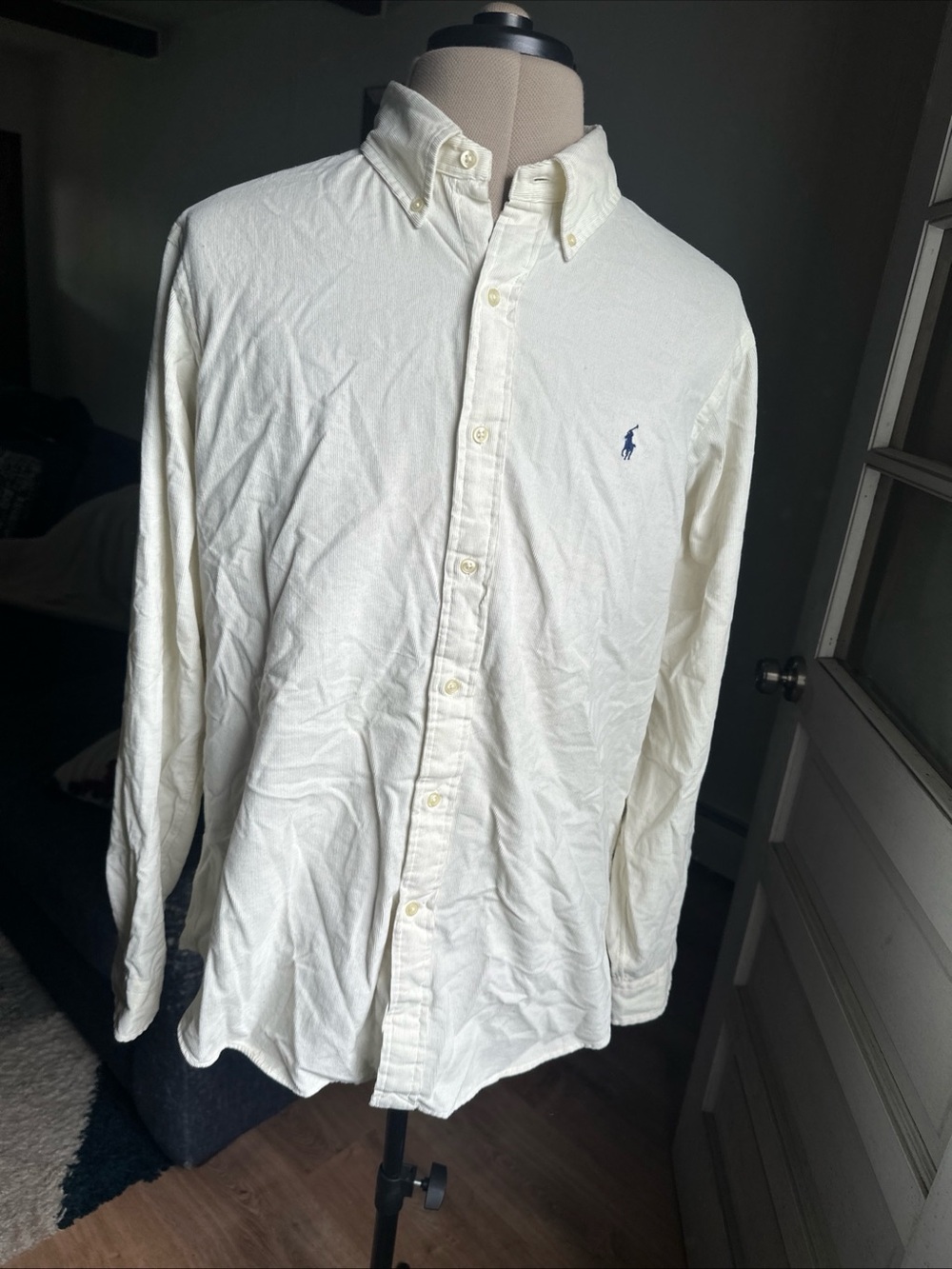Polo Ralph Lauren Corduroy Cream Button Up Shirt Size L Classic Fit Long Sleeves